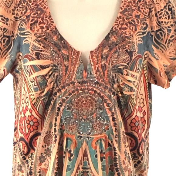 One World Flattering Multi Color Coral Paisley Pop Over Top V Neck Light Weight - Picture 3 of 16